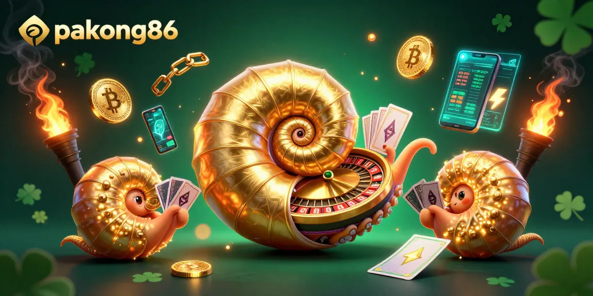 Engage in thrilling gaming with pakong86, featuring a giant nautilus and vibrant crypto elements.