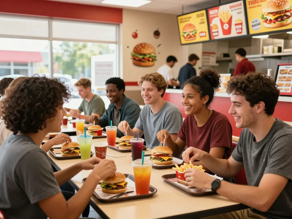 Friends enjoying fast food meals amidst lively decor while highlighting fast food prices.