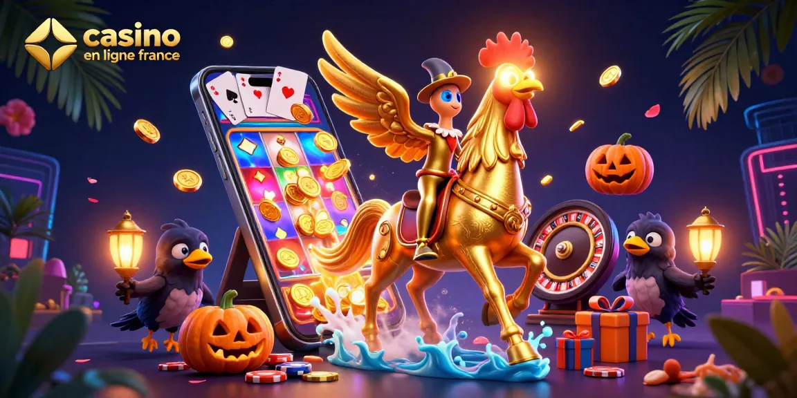 Découvrez le casino en ligne France avec un coq doré et des amis spectrals illuminant la nuit.