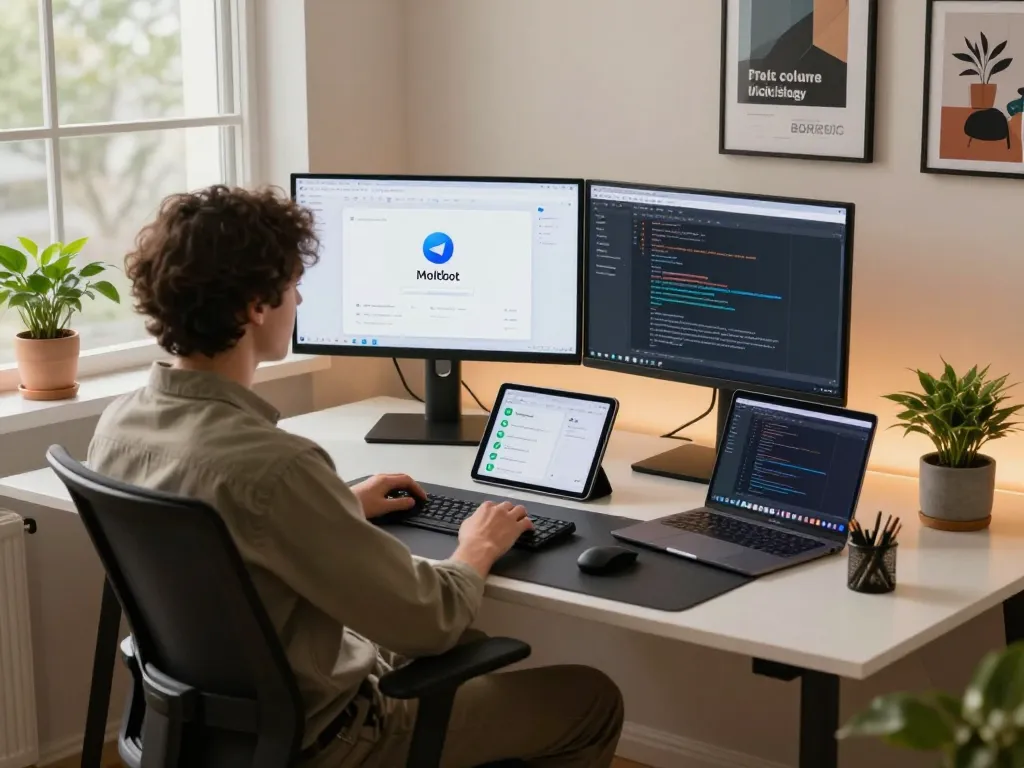User engaging with moltbot ai in a modern home office setting with dual monitors and various devices.
