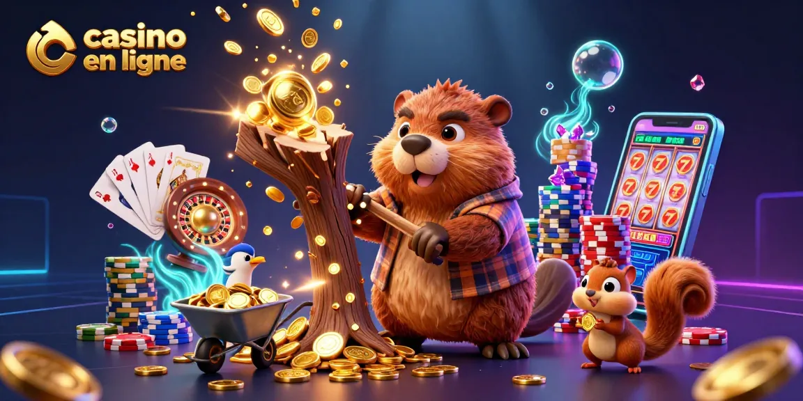 Collection de pièces d'or avec casino en ligne représenté par un castor et ses amis dans une scène animée.
