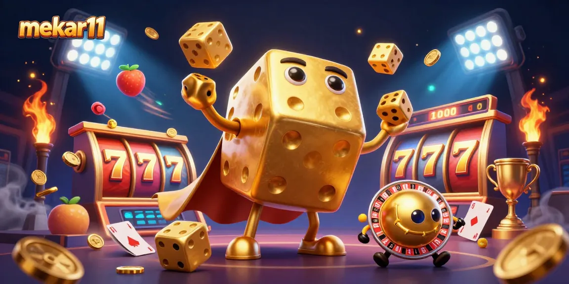 Engage with mekar11 by rolling jackpot slots featuring golden dice golem and vibrant casino elements.