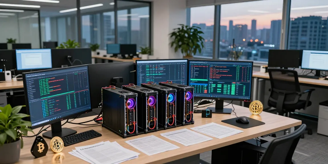 bitcoin mining company setup with advanced tech and dashboards for cryptocurrency analysis
