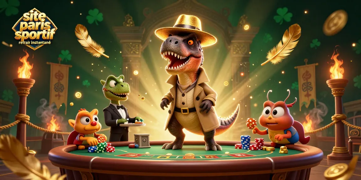 Retrait instantané sur le site paris sportif, illustrant des personnages de casino dans un décor captivant et coloré.