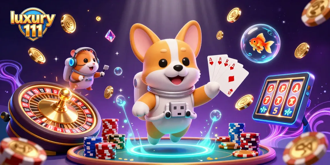 Play exciting casino games with luxury 111, witnessing an astronaut corgi's space-themed adventure.