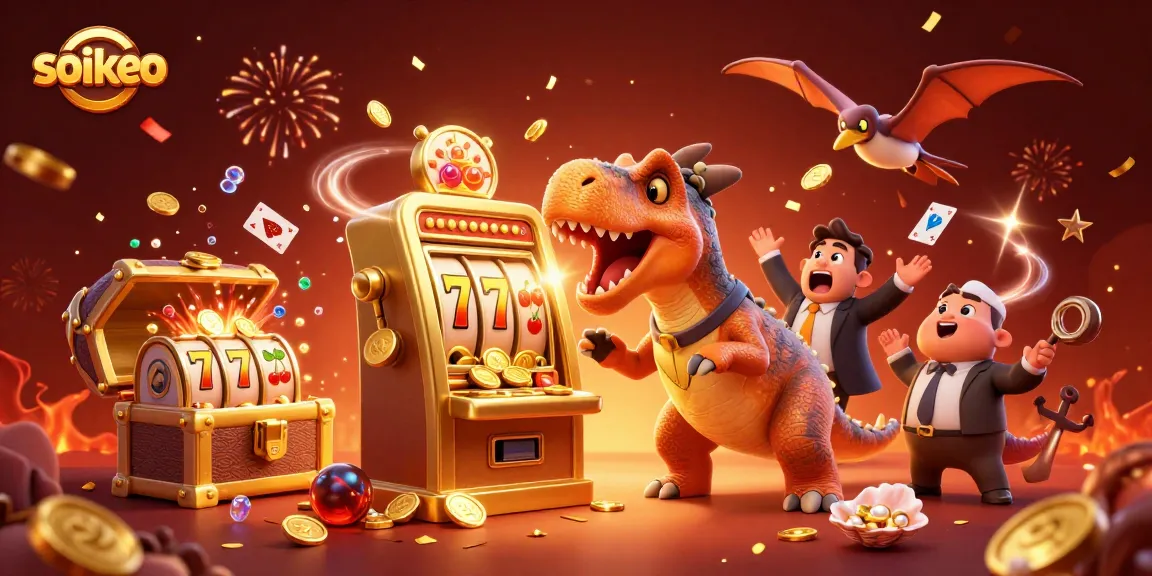 Soi keo visualization of a dinosaur celebrating a jackpot payout at a vibrant casino.