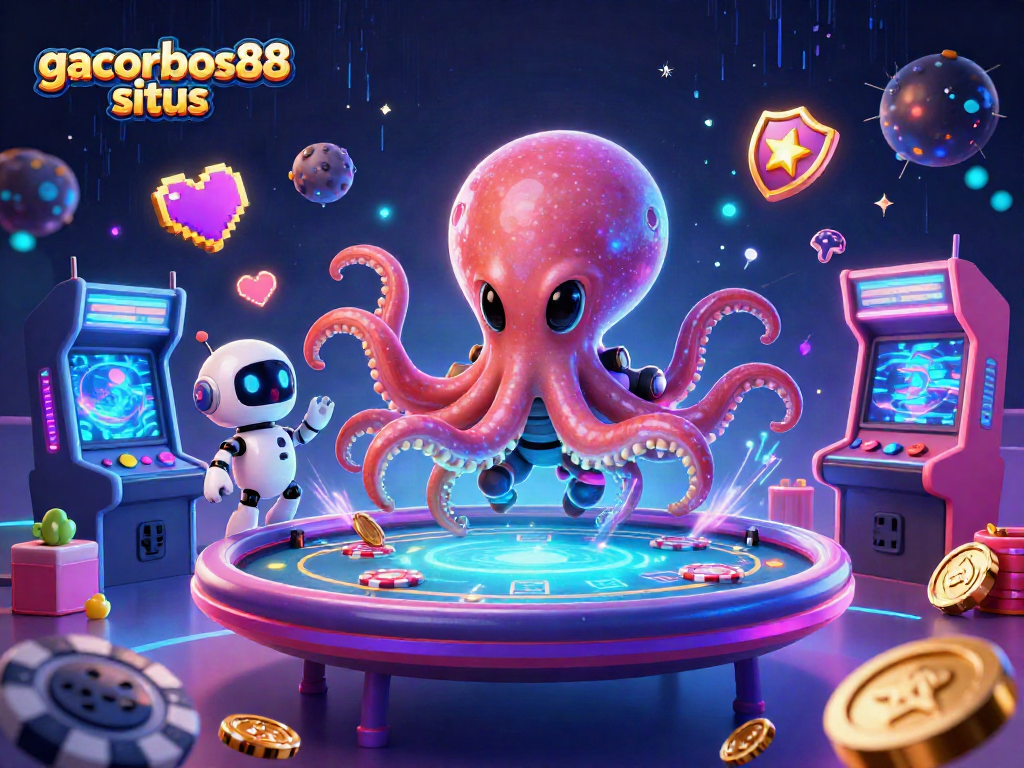 Engage with gacorbos88 situs as the alien octopus wins at a holographic poker table amidst vibrant gaming elements.