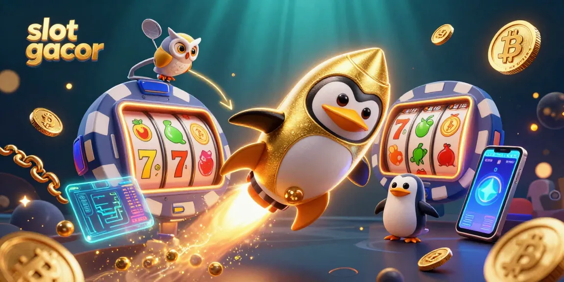 Play 'slot gacor' for exciting wins featuring a golden penguin in a vibrant casino galaxy scene.