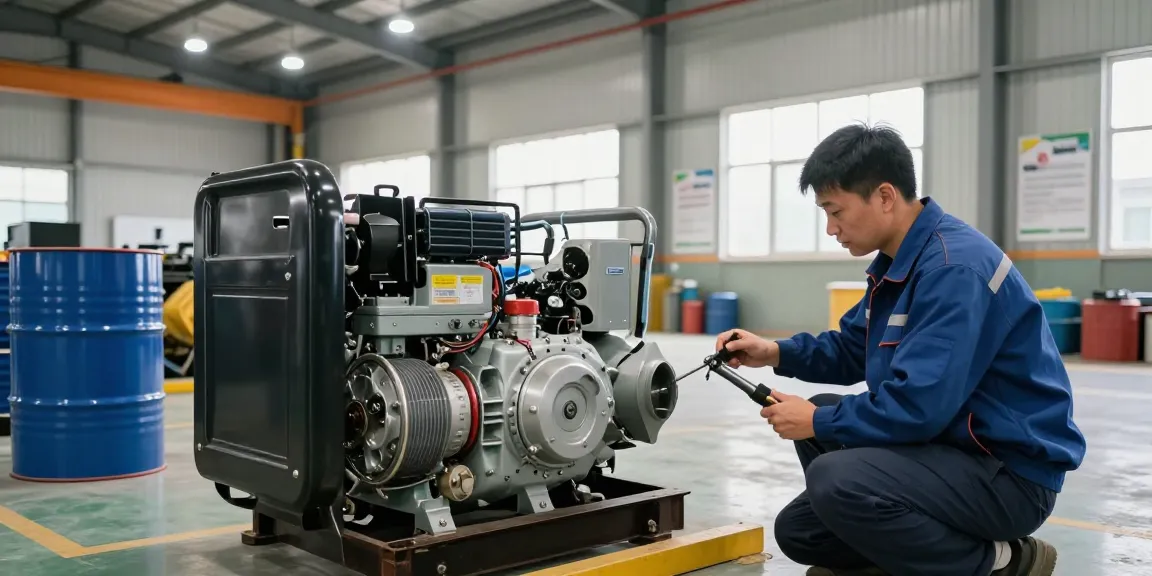 Diesel generators maintenance check in industrial setting with technician and tools.