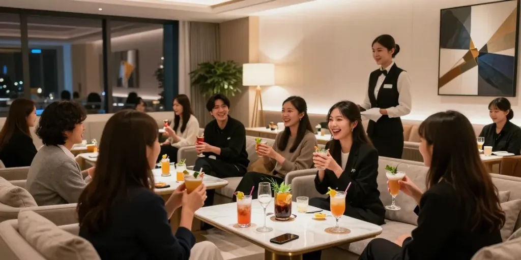 강남타이밍의 고급스러운 유흥 공간에서 고객들이 즐거운 시간을 보내는 모습