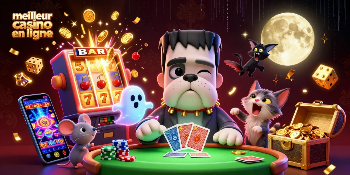 Vivez l'expérience du meilleur casino en ligne avec un chien-monstre jouant aux cartes à une table hantée.