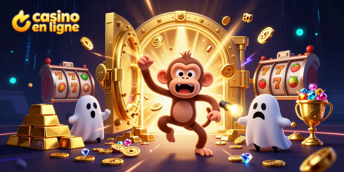 Illustration dynamique de casino en ligne avec un singe poltergeist et des éléments dorés, créant une expérience magique.