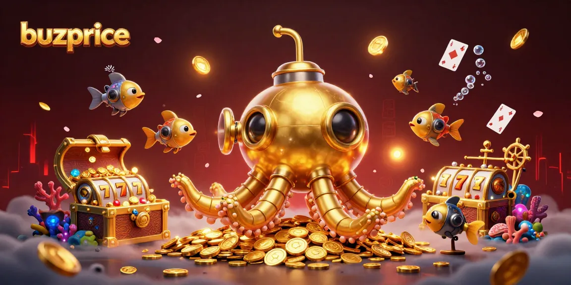 Experience thrilling wins at buzprice with a dynamic 3D illustration of golden kraken and slot game elements.