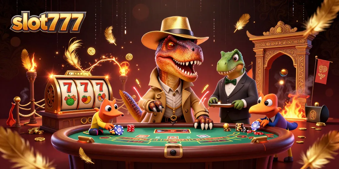 Slot777 menampilkan Velociraptor kartu judi di meja blackjack yang dikelilingi simbol slot menarik.