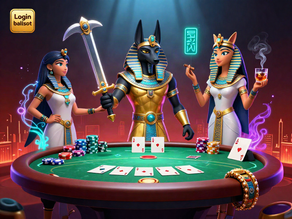 Experience the thrill of Login balislot with Anubis and Bastet among vivid poker elements in a dynamic casino scene.