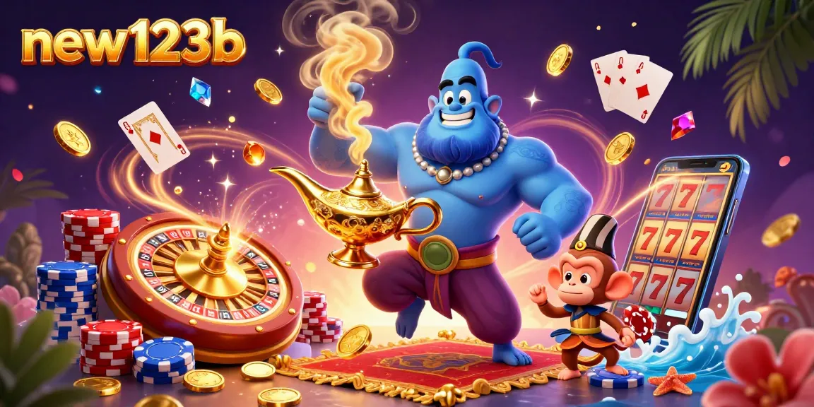 Experience thrilling gaming action with new123b's vibrant casino scene featuring a magical genie and colorful poker chips.