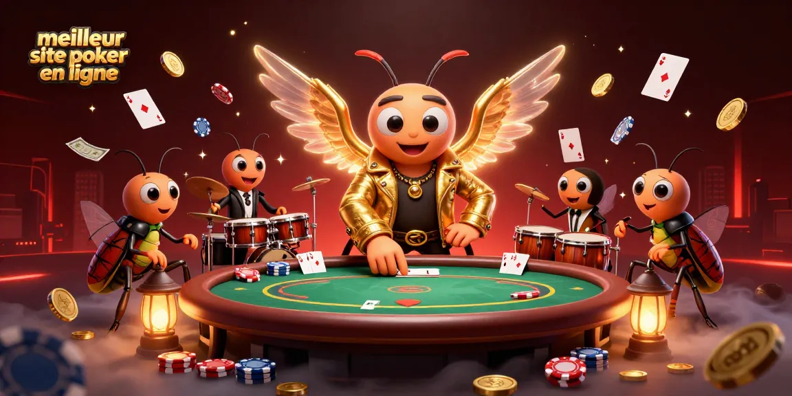 Illustre le meilleur site de poker en ligne avec une rock star au poker entourée de jetons, cartes et récompenses