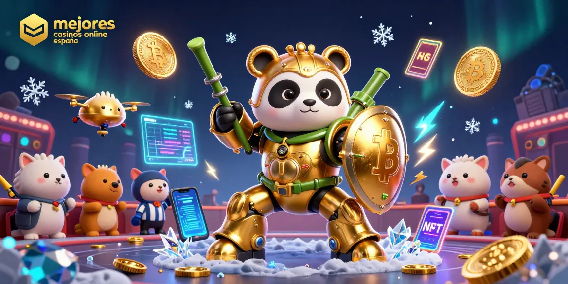 Ilustración 3D donde el panda dorado pilota un robot en un casino, representando los mejores casinos online en España.