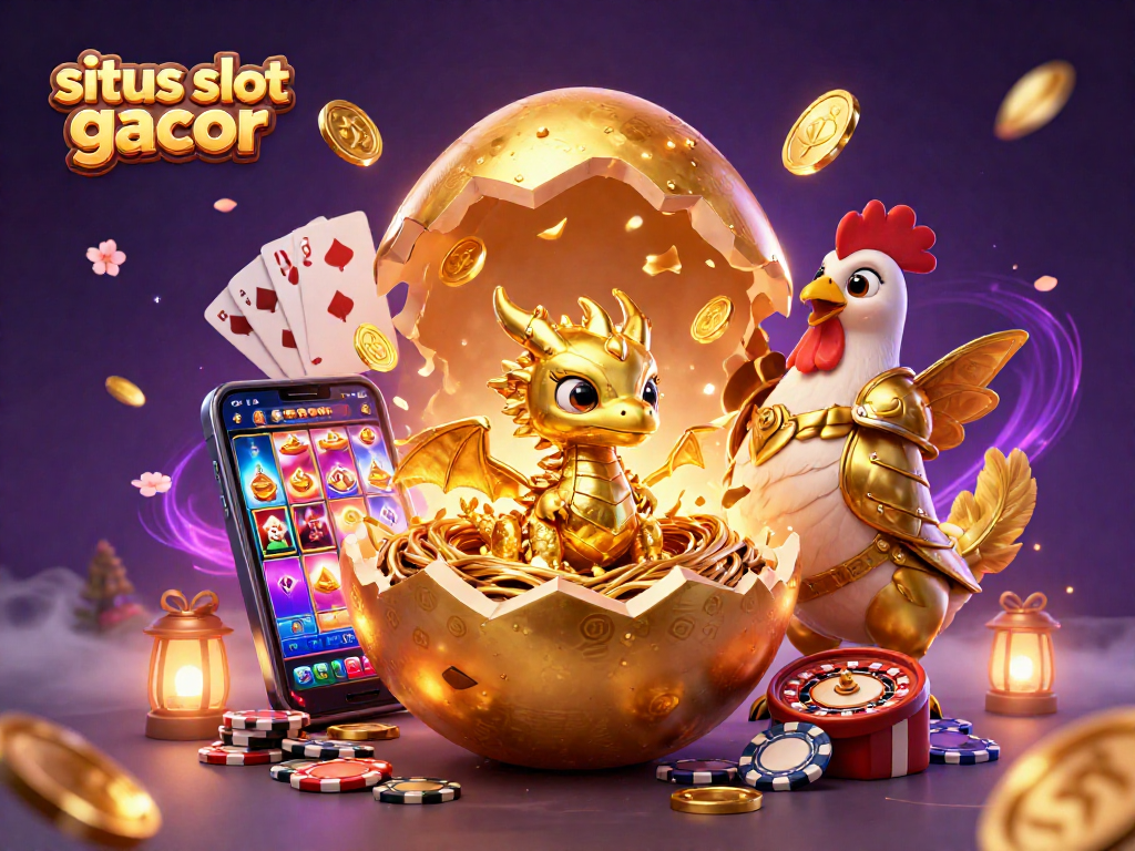 Situs slot gacor showcases a vibrant scene with a golden dragon and casino game elements for an engaging experience.