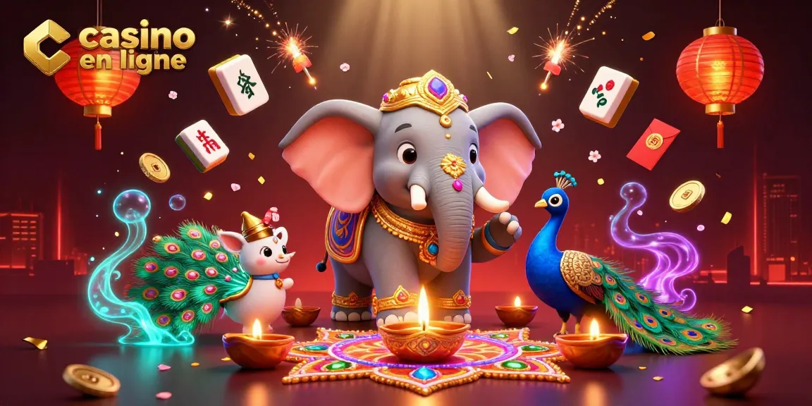 Profitez des jeux de casino en ligne avec un éléphant décoré et une ambiance festive.