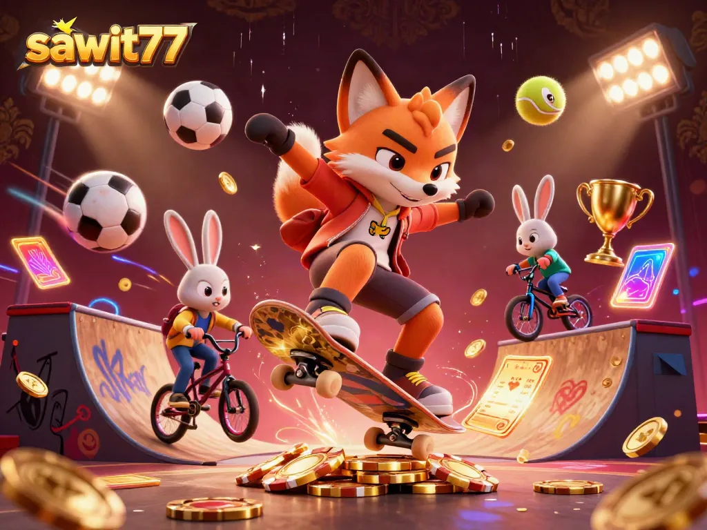 Menggambarkan aktivitas seru sawit77 dengan karakter kartun bermain game dan simbol kasino yang dinamis.