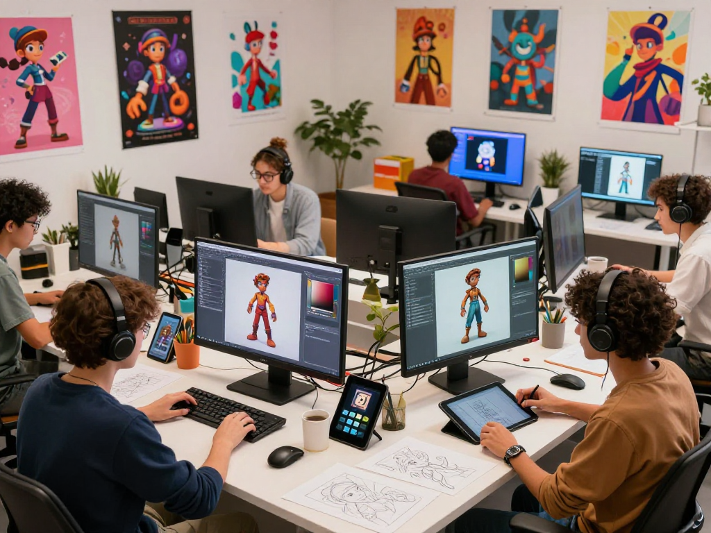 Character ai nsfw design collaboration in a vibrant digital art studio.