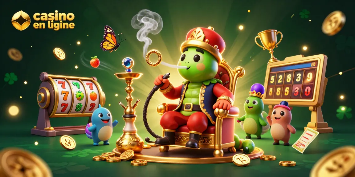 Jouez au casino en ligne avec un maître chicha et des éléments de jackpot colorés en arrière-plan.