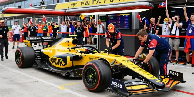 Mobil Lotus 88 yang ikonik dalam persiapan balapan di pit lane, menunjukkan inovasi teknologi balap.