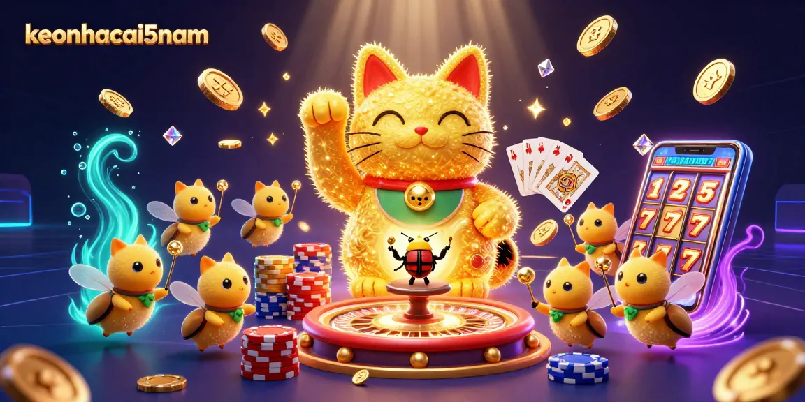 Engage with keonhacai5nam featuring a lucky cat, dynamic casino elements, and vibrant gambling symbols.