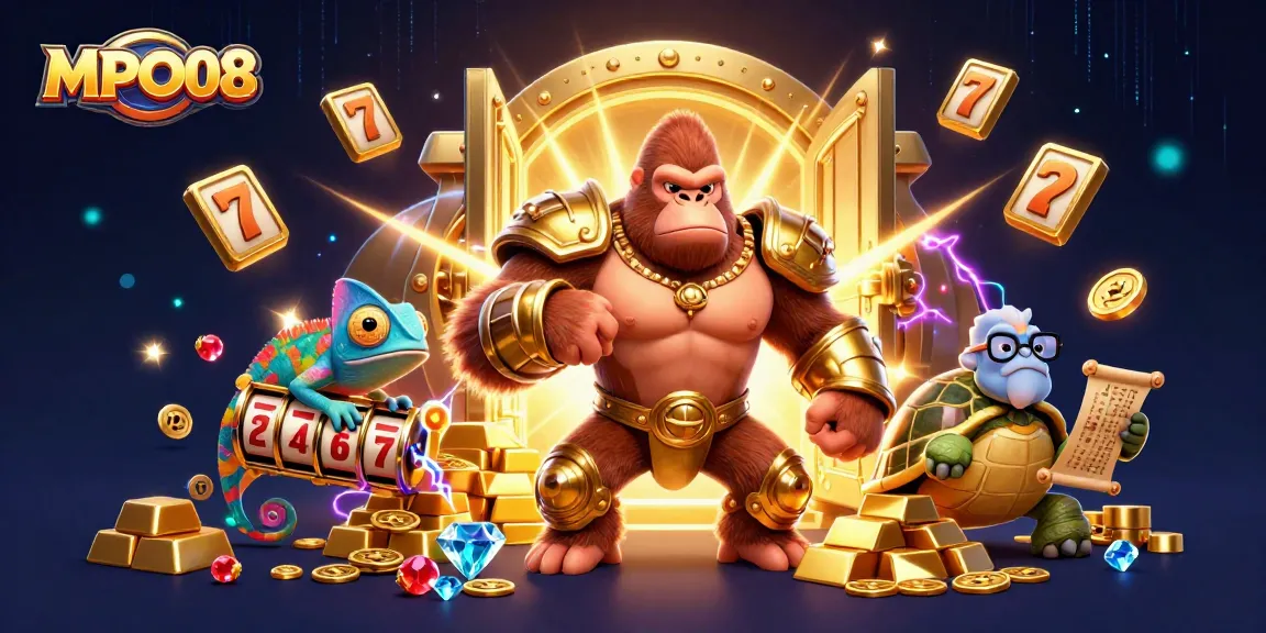 MPO08 offers thrilling slot games represented by a golden gorilla king and his colorful companions in a vibrant casino setting.