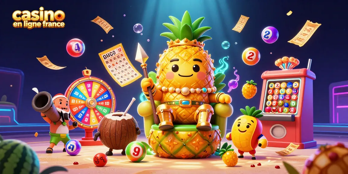 Aperçu captivant d'un roi ananas et son entourage dans un casino sur la plage, jouant à des jeux de loterie en ligne en France.