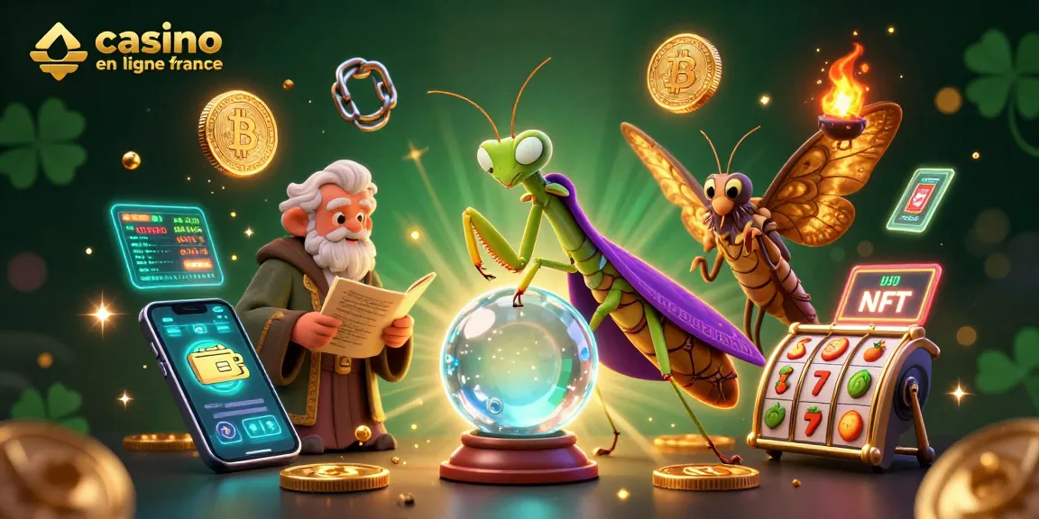 Illustration dynamique de casino en ligne France : un caméléon voyant et un papillon bibljothécaire entourés de pièces de crypto-monnaies.