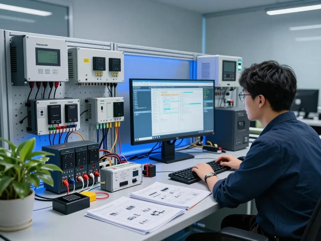 Hải Phòng Tech engineer analyzing advanced sensors in a modern workspace.