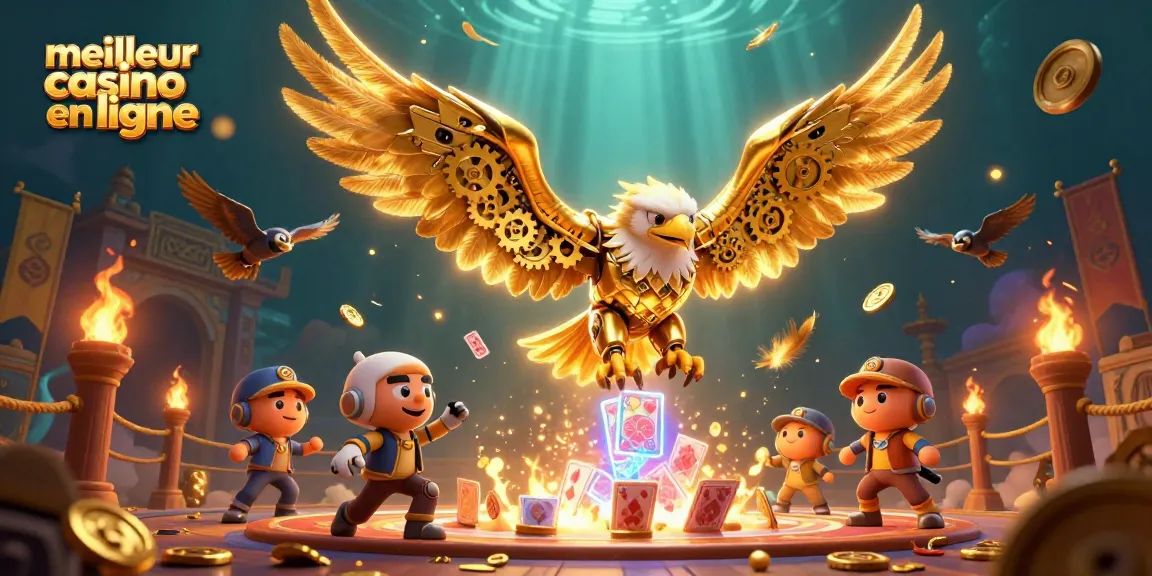Jouez au meilleur casino en ligne avec une illustration animée d'aigle et de cartes holographiques.