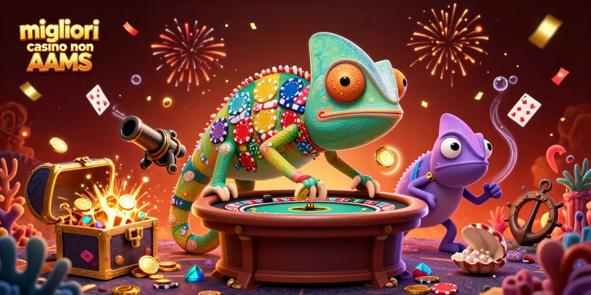 Scopri i migliori casino non AAMS: un camaleonte e un ricco casinò in un’illustrazione viva e colorata.