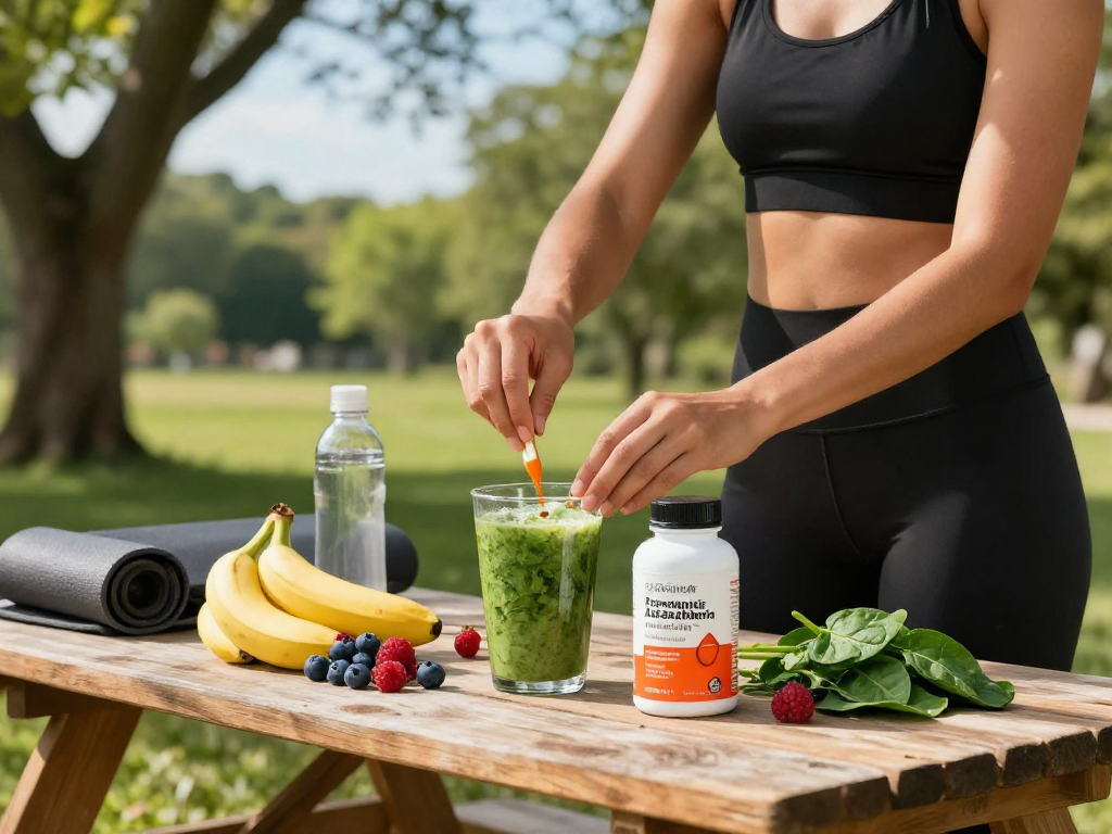 Fitness enthusiast preparing smoothie with premium astaxanthin in serene outdoor setting.