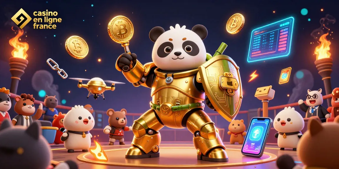 Célébrez le succès au casino en ligne France avec une scène animée de robots et de crypto-monnaies.