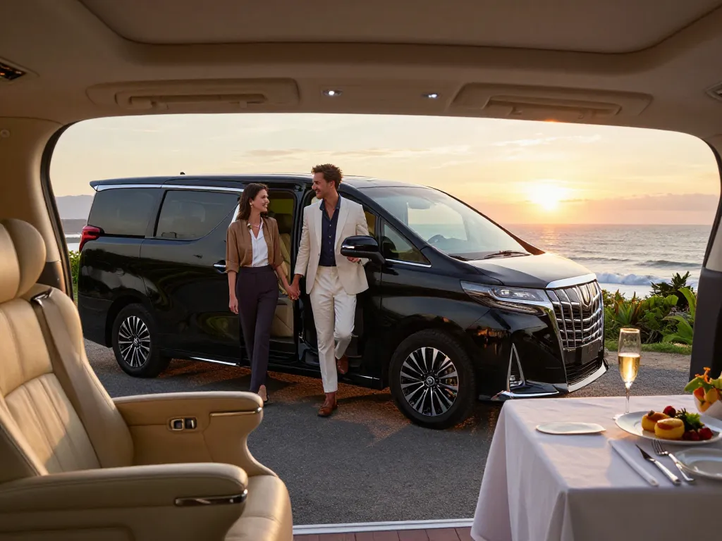 cho thuê xe Alphard với một cặp đôi tận hưởng trải nghiệm du lịch sang trọng trong ánh hoàng hôn ven biển