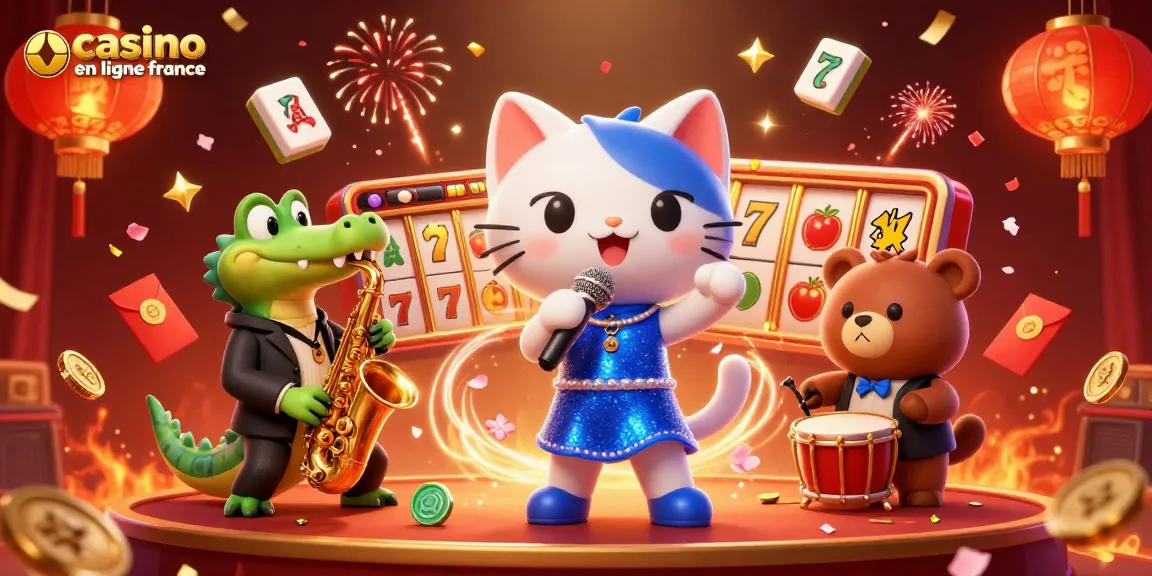 Une scène dynamique avec un chat chanteur, un crocodile et un ours dans un casino en ligne France.