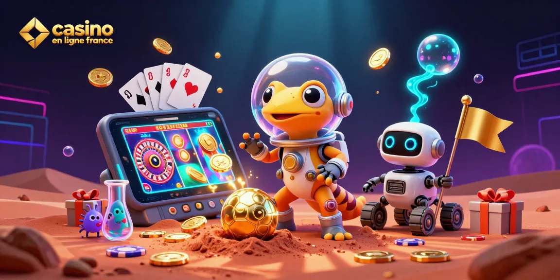 Illustration d'un gecko martien découvrant un casino sur Mars en jouant à des jeux de casino en ligne France.