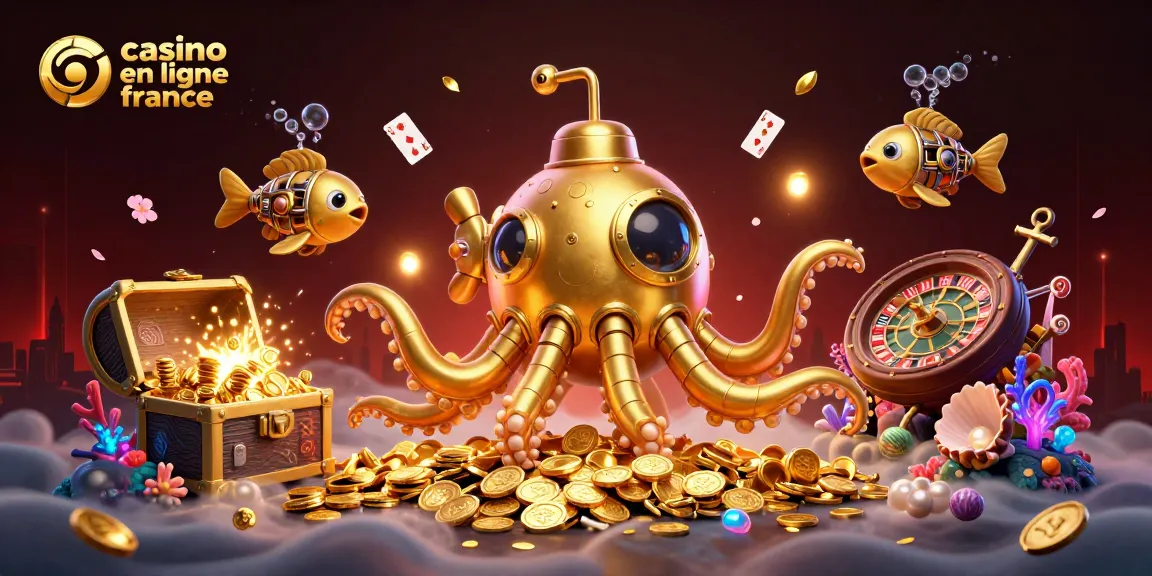 Vivez l'expérience du casino en ligne France avec un kraken doré entouré de pièces et de cartes flottantes.