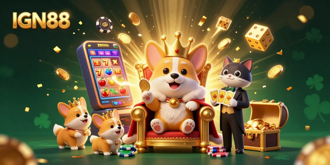 Menyenangkan bermain di IGN88 dengan ratu corgi di kursi tahta poker chip dikelilingi slot mesin jackpot dan koin emas