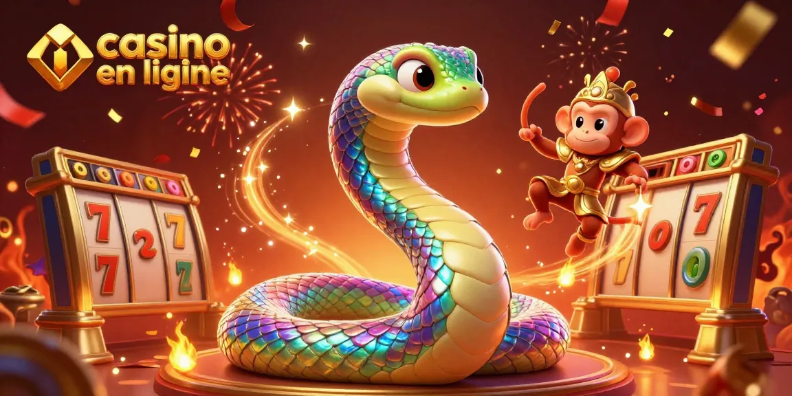Jouez au casino en ligne, avec une illustration colorée de jeux, serpents et confettis scintillants.