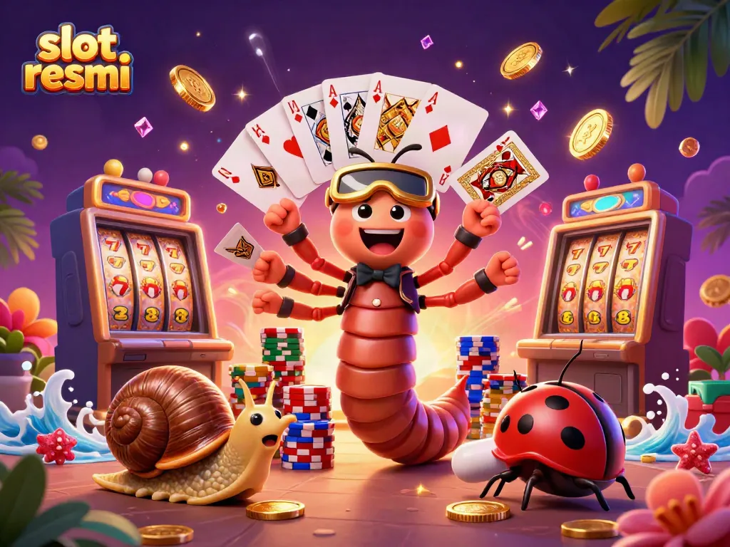 Engaging 3D illustration showing slot resmi with a millipede dealer, high-roller snail, and vibrant casino elements.