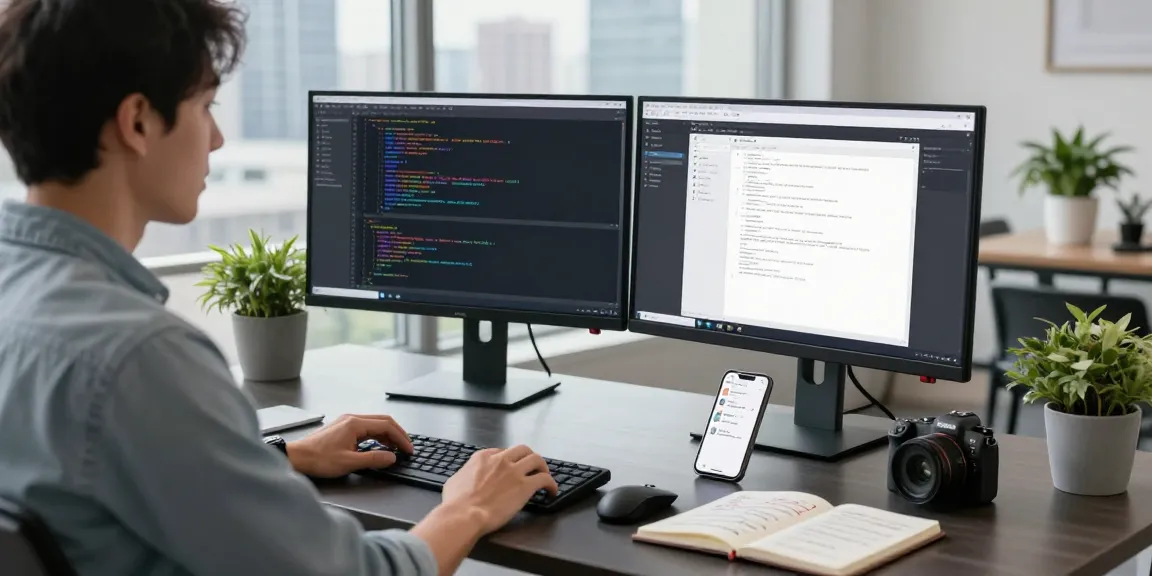Dynamic software development workspace featuring a developer at dual monitors and programming tools, showcasing 纸飞机官网 integration.