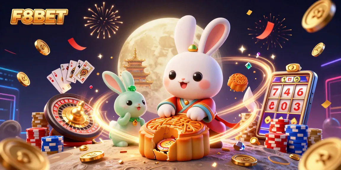 F8BET's captivating 3D casino scene showcases a magical moon rabbit amid sparkling gems, inviting players to join the winning adventure.
