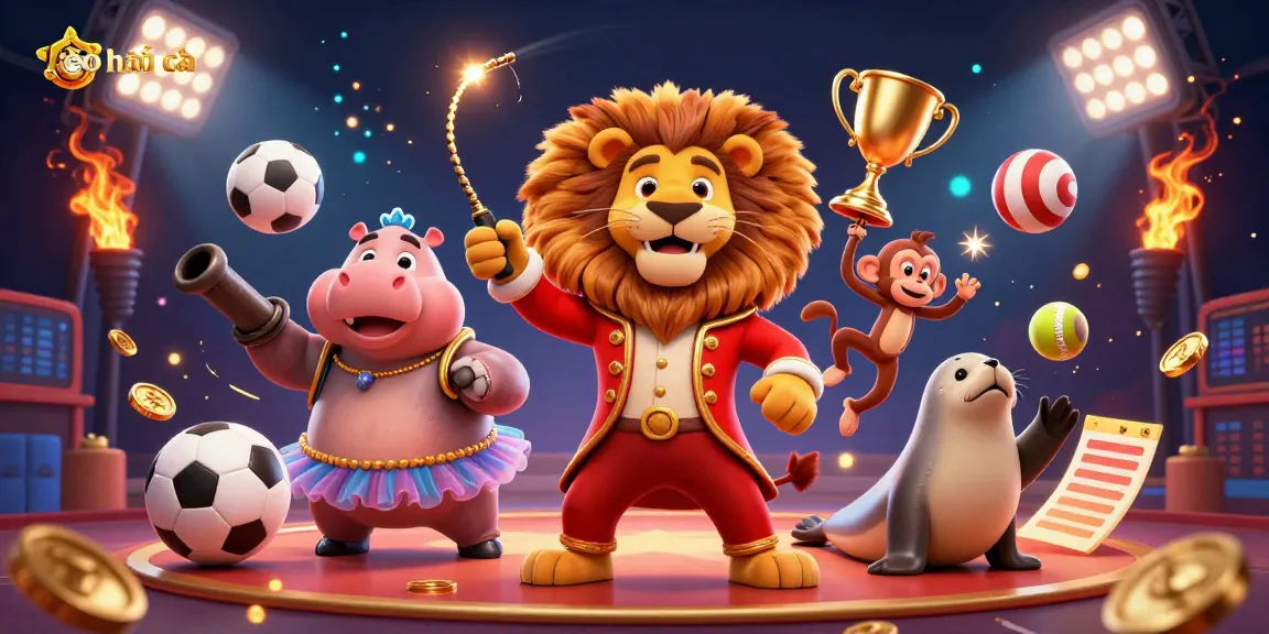 Experience thrilling kèo nhà cái moments with lively circus characters and dynamic sports elements in a rich 3D illustration.
