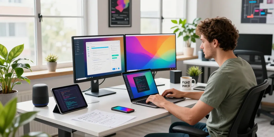 Dynamic digital workspace with developer coding on a laptop displaying 纸飞机中文版官网 messaging app interface.