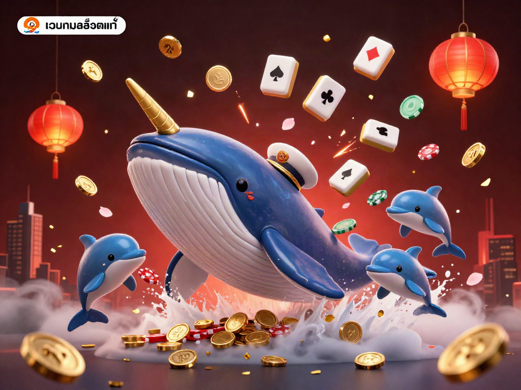 Engaging 3D scene of เว็บเกมสล็อตแท้ featuring a whale and playful dolphins with casino elements.
