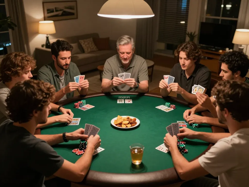 Engaged players enjoy a home poker game night with gojekpot strategies in play, showcasing excitement and friendly competition